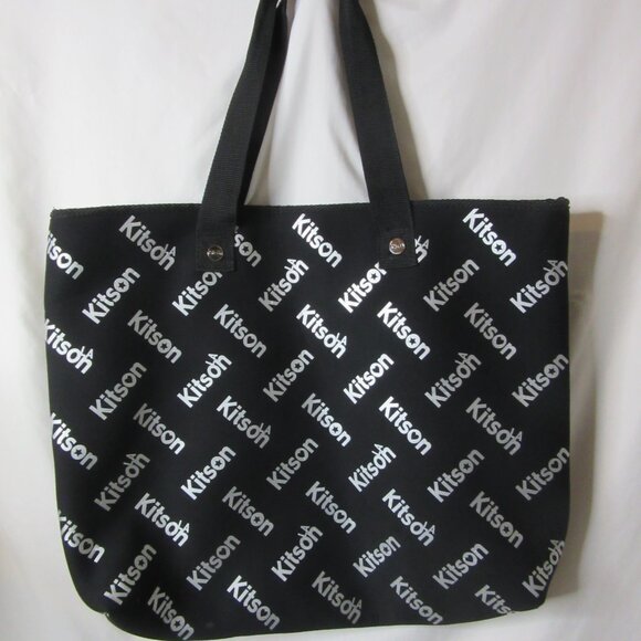 Kitson L.A. Neoprene Tote Bag Large Black and Silver Shoulder Handle Blue Lining - Picture 1 of 11